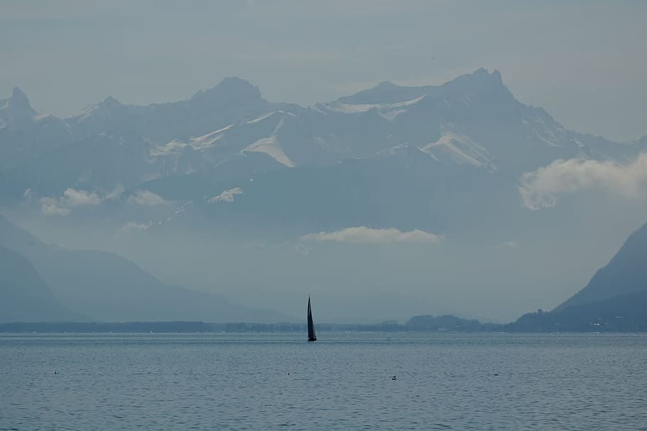 sailing boat, geneva, lake, lac, leman, switzerland, vaud, mountains, HD wallpaper