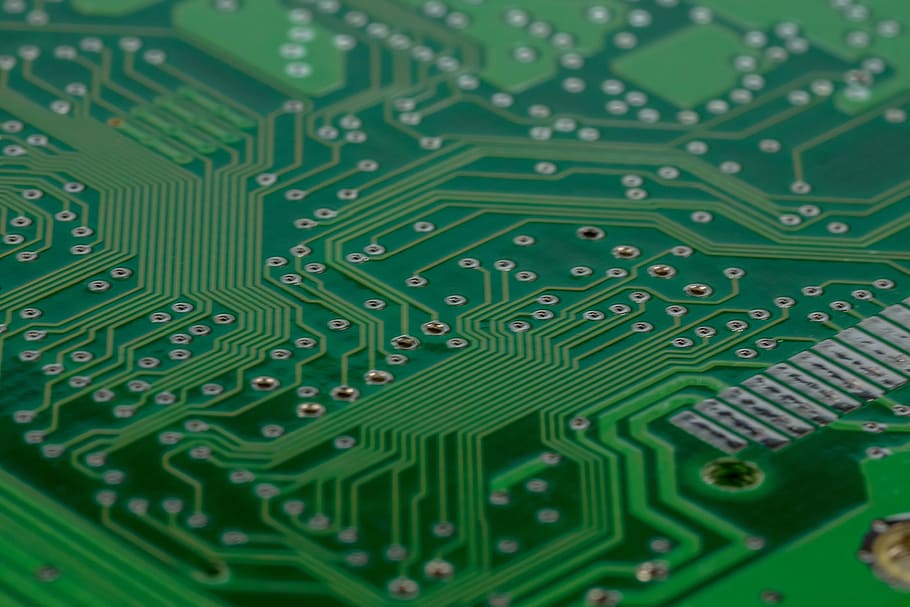 green circuit board in macro shot, computer, chip, data processing