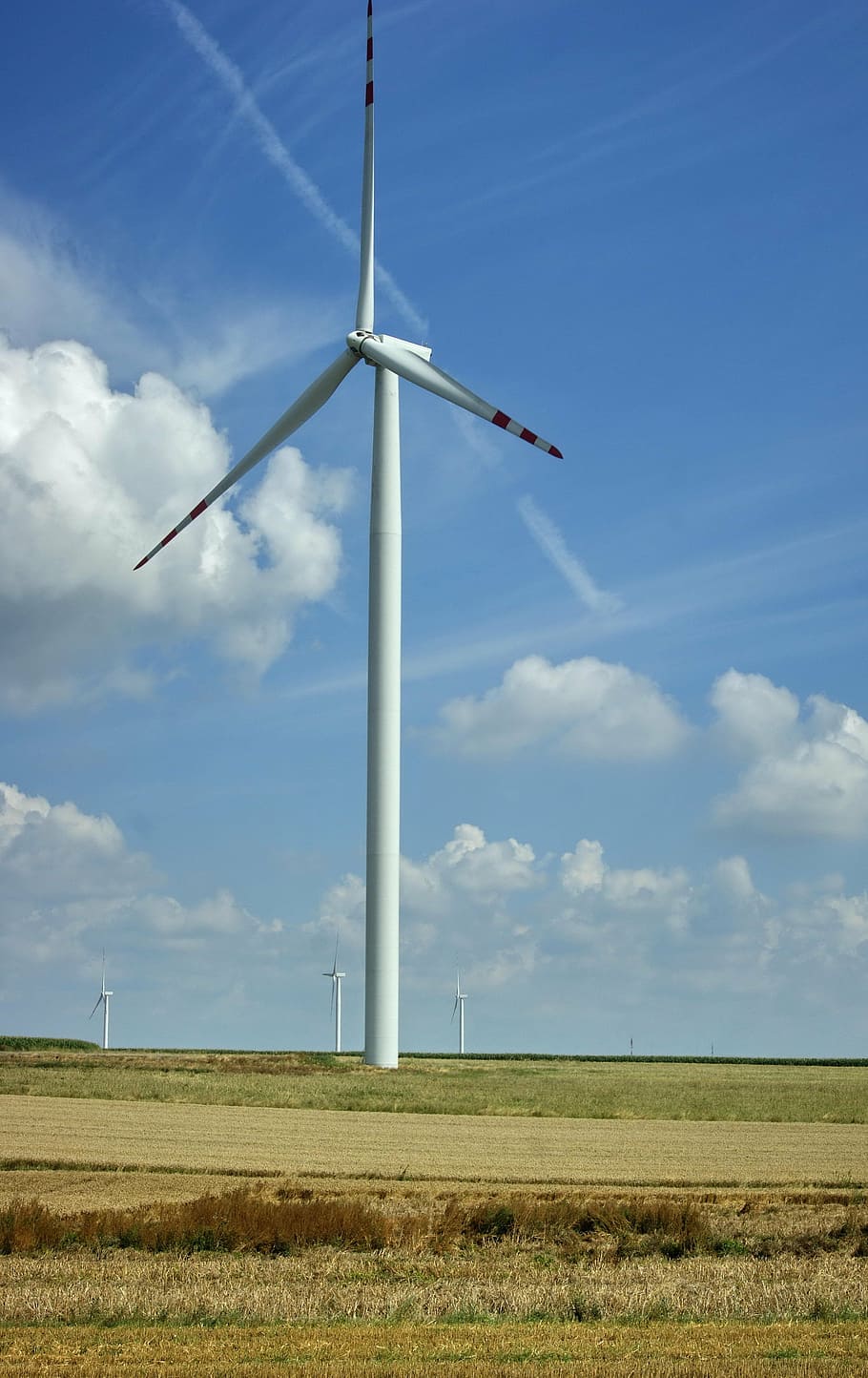 blue sky, clouds, windmill, windmill farm, generator, turbine HD wallpaper