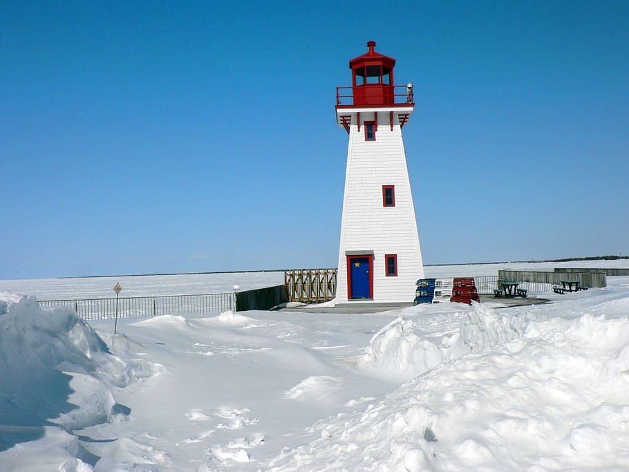 Lighthouse, Snow, Canada, Winter, nature, sky, white, sea, blue HD wallpaper