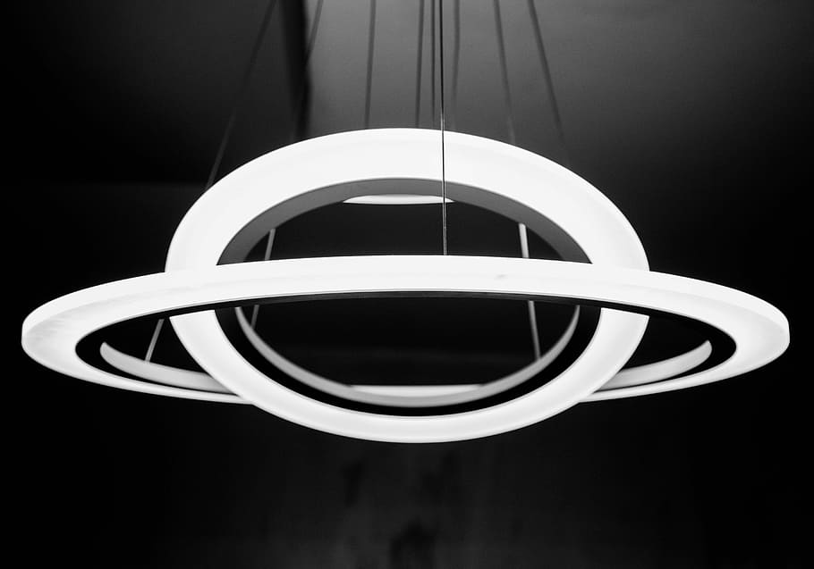 turned on white ceiling chandelier, circles, intertwined, hanging, HD wallpaper