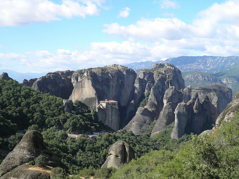 greece, meteora, monastery, mountain, sky, beauty in nature HD wallpaper