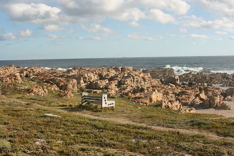 Sky, Rocks, Ocean, Sunny, Outdoor, landscape, bench by the sea HD wallpaper