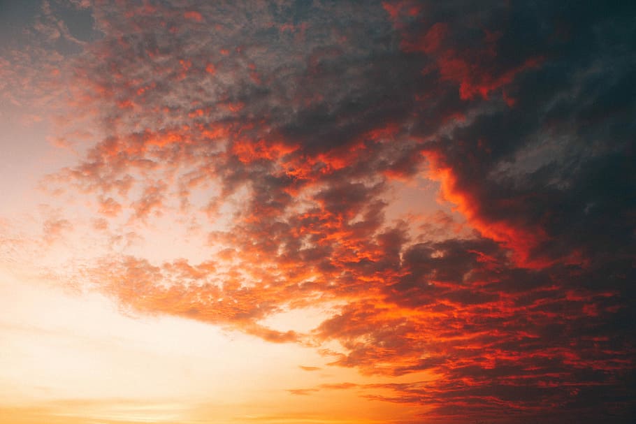 cumulus clouds, low angle photo of clouds, sky, orange, sunset HD wallpaper