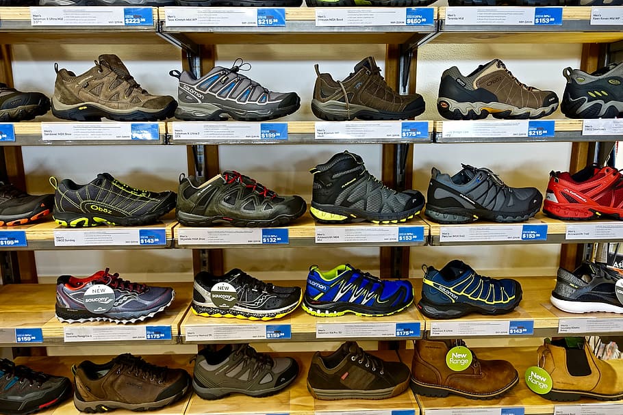 shoes, rack, collection, boots, shelf, shopping, retail, large group of objects HD wallpaper