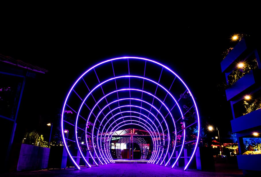 purple neon light, bright, dark, illuminated, night, architecture HD wallpaper