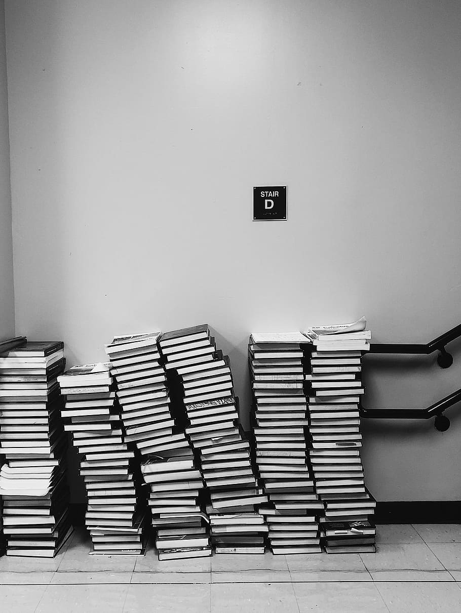 grayscale photography of pile of books, title book lot, stack HD wallpaper