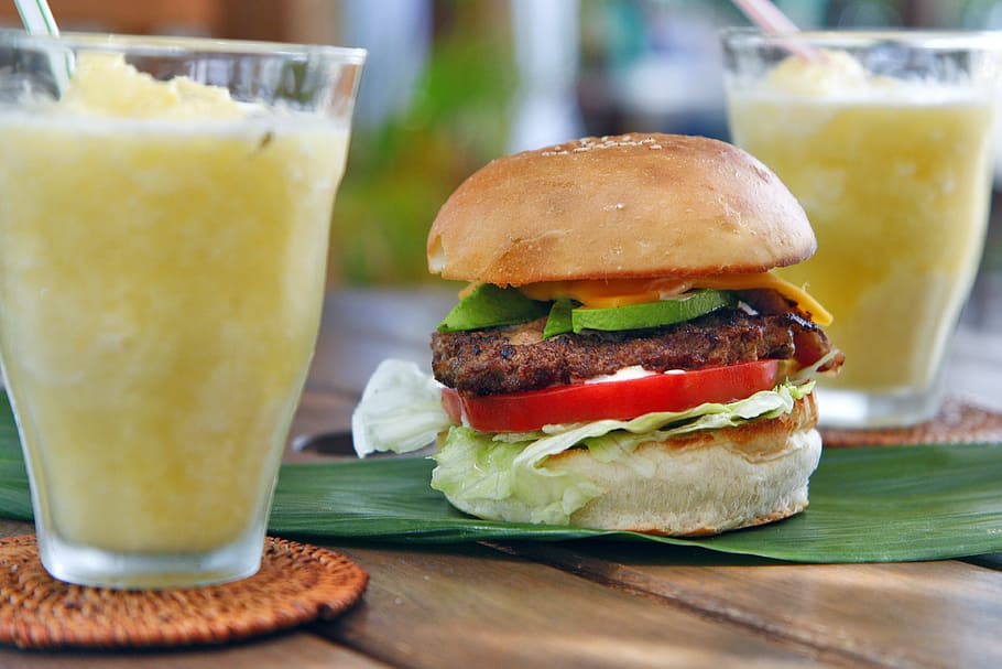 hamburger beside shake, cheeseburger, bacon, avocado, pineapple smoothie, HD wallpaper