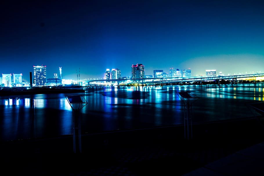 rainbow bridge, night view, sea, reflection, harumi, architecture HD wallpaper