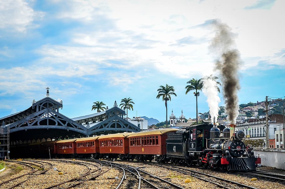 train in station, locomotive, steam engine, carriage, railroad, HD wallpaper