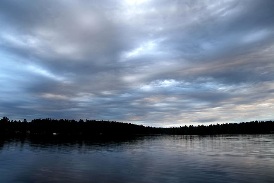 clouds, dark, lake, nature, overcast, river, sky, trees, water HD wallpaper