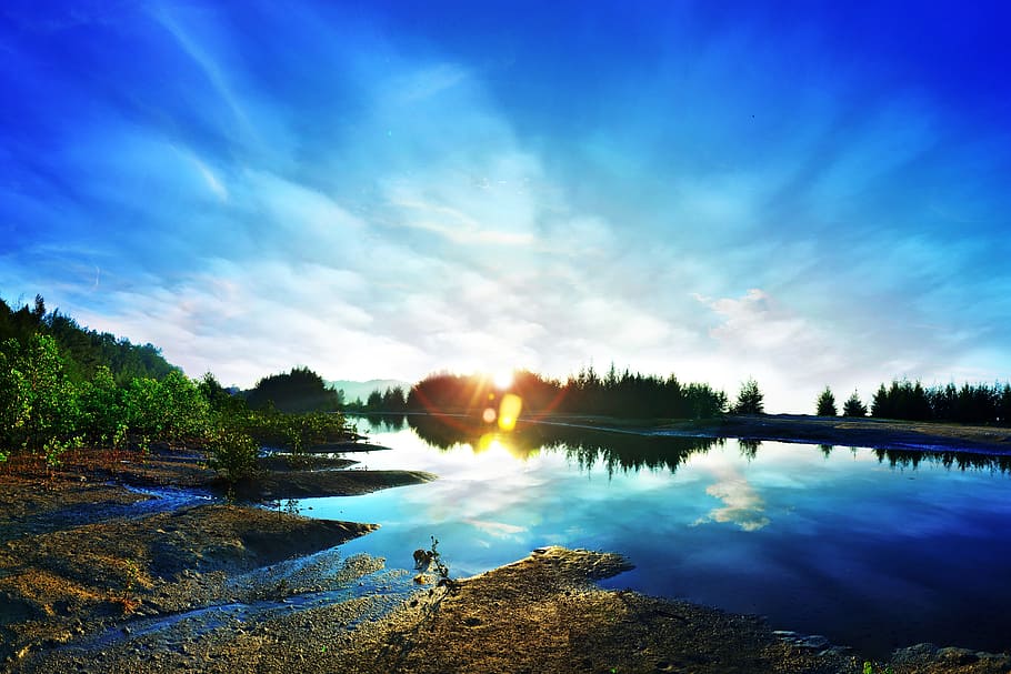 scenery of nature, sunrise, lake, cloud, landscape, summer HD wallpaper