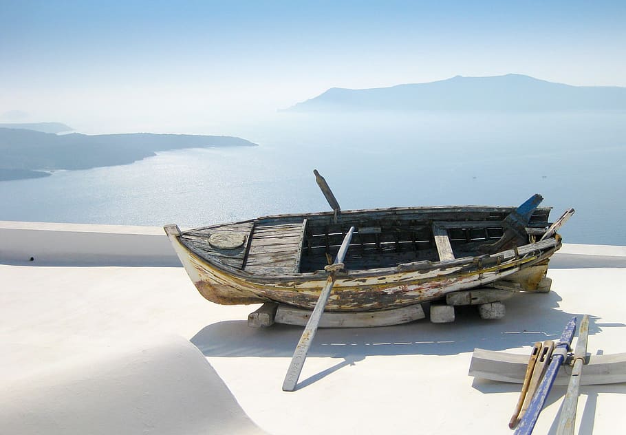 wooden boat on white surface, sea view, boot, greece, santorini, HD wallpaper