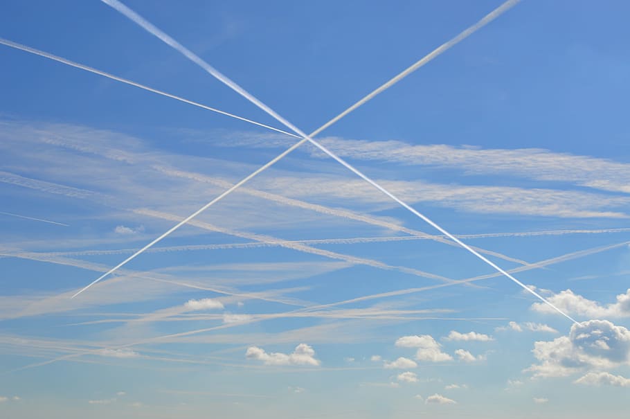 contrail, sky, clouds, blue, cloud formation, cloudscape, blue sky HD wallpaper