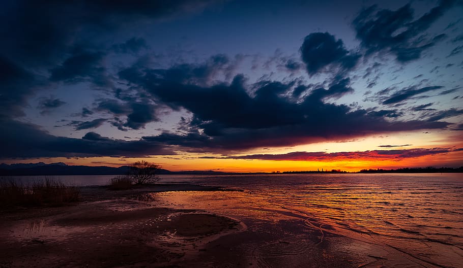 sunset, panorama, nature, waters, dawn, clouds, sky, dusk, reflection, HD wallpaper