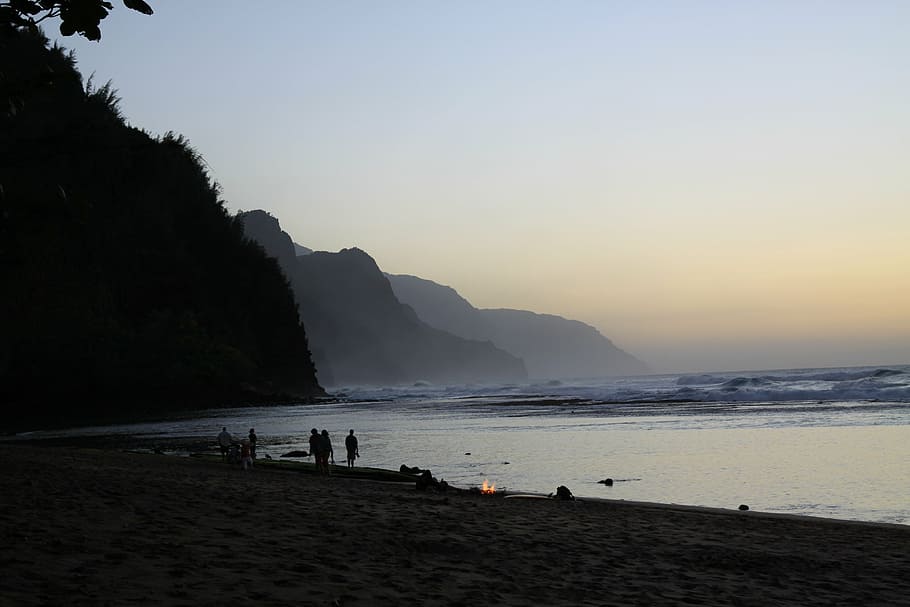 hawaii, kauai, kee, napali, coast, beach, sunset, land, sea, HD wallpaper