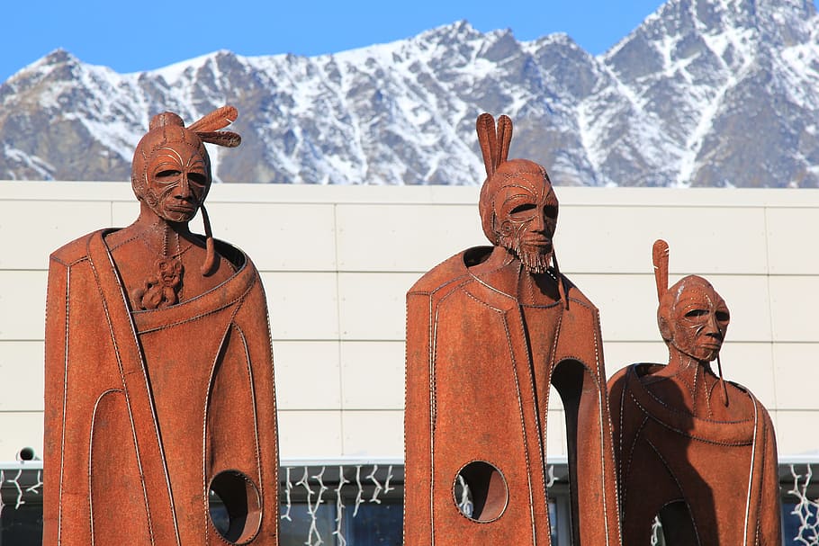 mountains, snow, statues, sky, blue, snow mountain, white, peak HD wallpaper