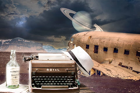gray and black Royal typewriter and white fedora hat, creativity HD wallpaper