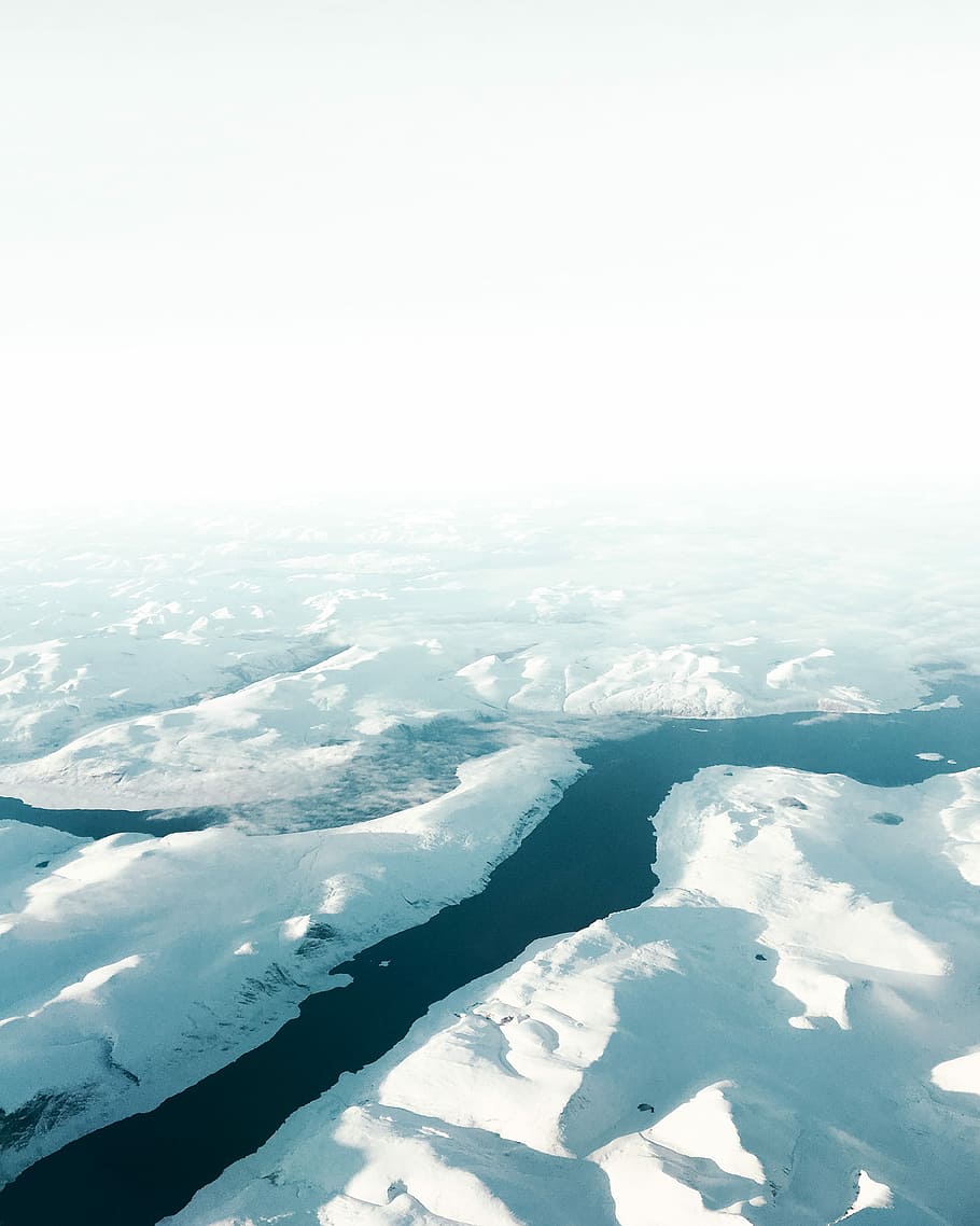 aerial photography of iceberg, aerial photography of river between glaciers HD wallpaper