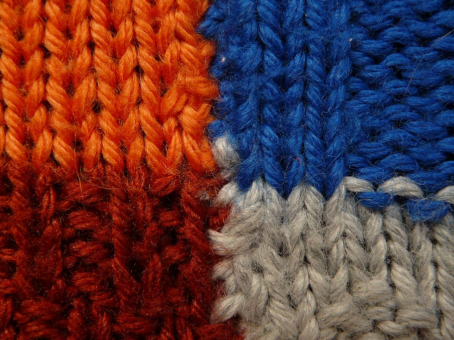 blue, gray, red, and orange knit textile, fabric, pattern, tissue HD wallpaper