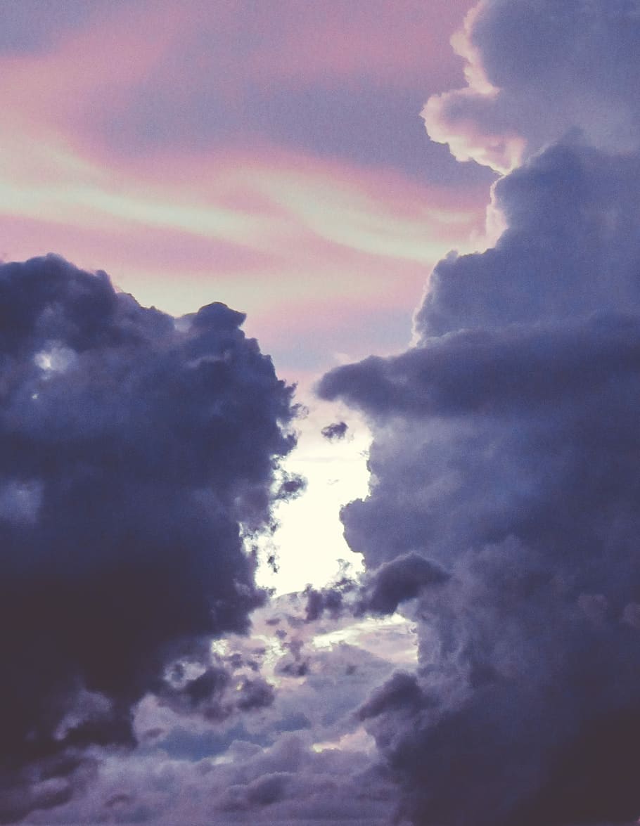 sea of clouds during daytime, gray clouds, purple, sunset, sky HD wallpaper