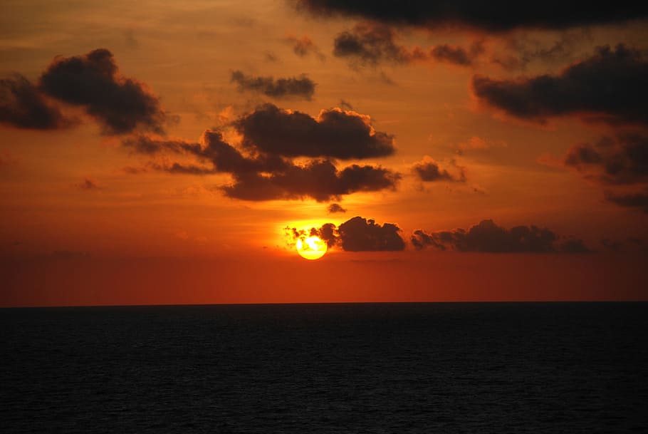 Sunset, Evening, Ocean, Sunlight, night, horizon, scenics, nature HD wallpaper