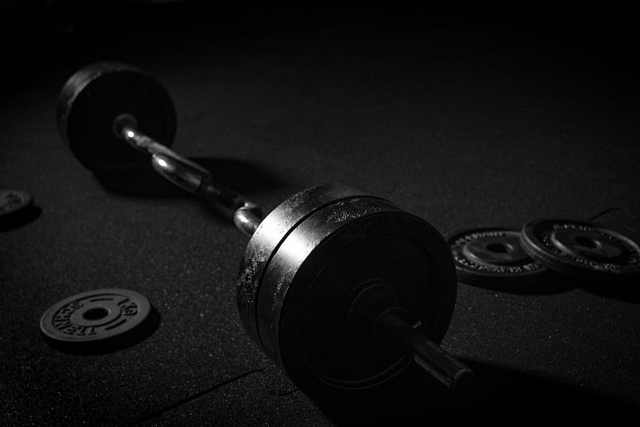 black barbell, dumbbell, sport, weights, strength training, weight lifting, HD wallpaper