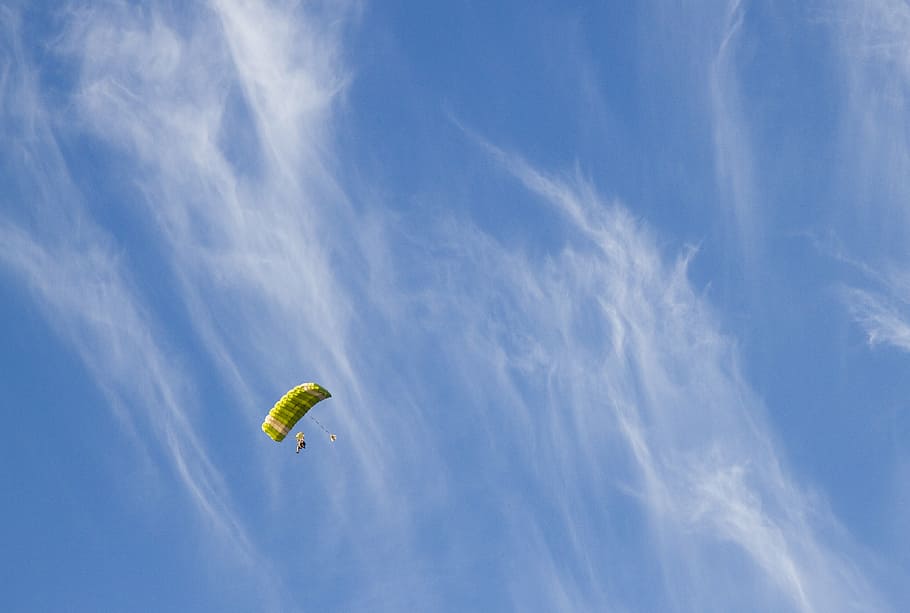 sky, parachute, air, wind, fun, holiday, person flying, sport HD wallpaper
