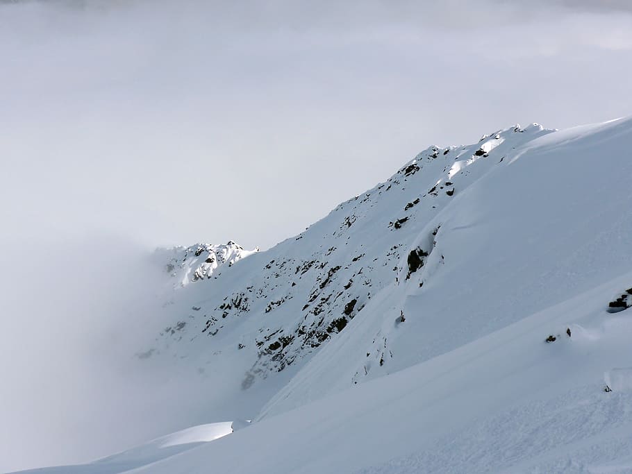 Mountain, Snow, Peak, Winter, Fog, Mist, white, blue, violet HD wallpaper