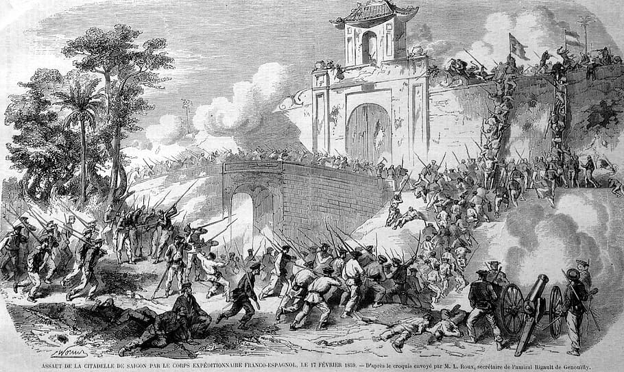French Siege of Saigon, Vietnam in 1859, army, photos, public domain