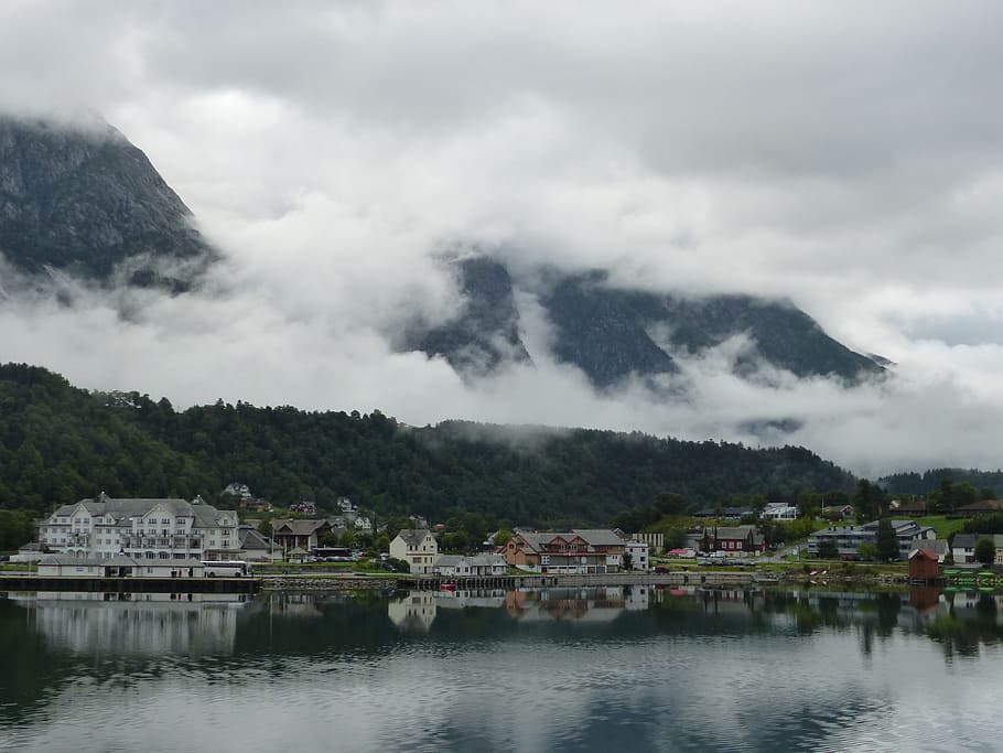 eidfjord, norway, fjords, clouds, dawn, water, mountain, architecture, HD wallpaper