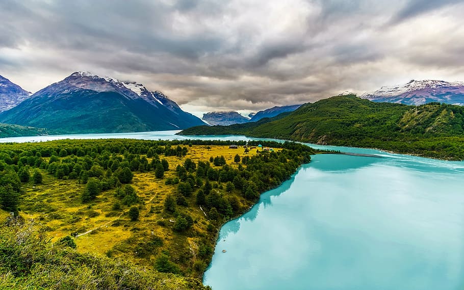 aerial photograph of forest with mountain, lake, river, water HD wallpaper