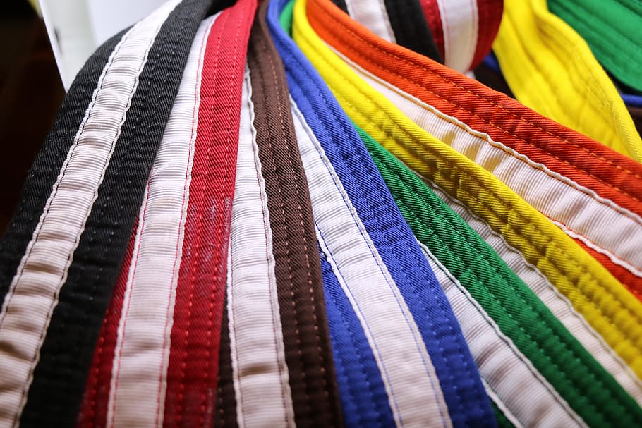assorted-color strap lot, karate, martial arts, belts, rank, black