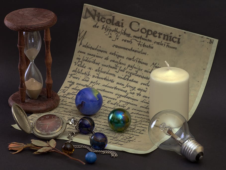 pocket watch, marbles, and white candle, still life, hourglass, HD wallpaper