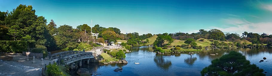 architecture, bridge, daylight, hill, lake, landscape, outdoors HD wallpaper