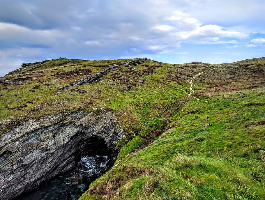 Cave, Sea, Cove, Cornwall, Path, cliff, coastal, cloud - sky HD wallpaper