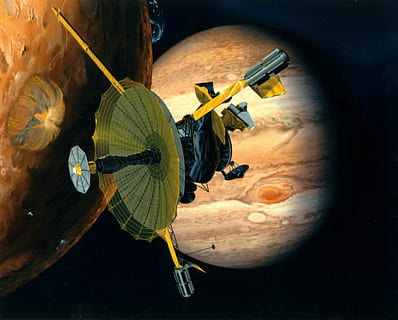 grey and yellow space satellite orbiting on planets, galileo HD wallpaper