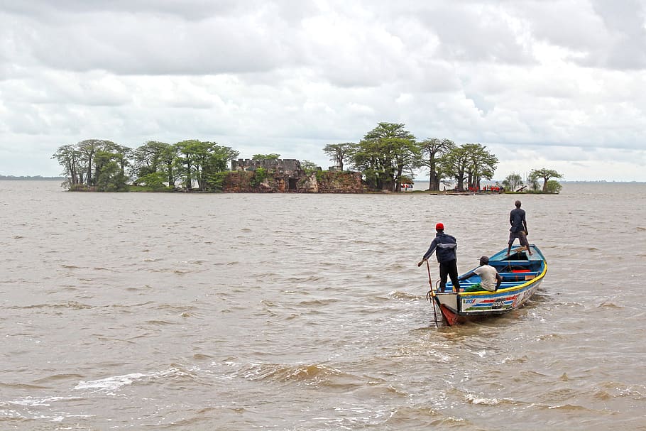 three men on blue boat sailing near island, river boat, tourism, HD wallpaper