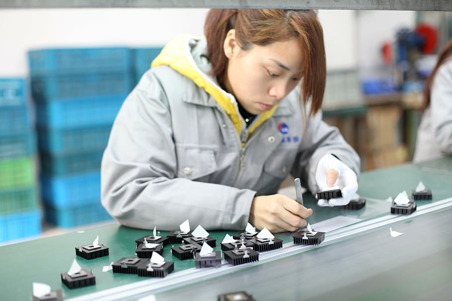 woman creating electronic devices, workshop, operator, the assembly line HD wallpaper
