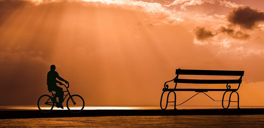 person riding bicycle nar bench, bike, waterfront, boardwalk, HD wallpaper