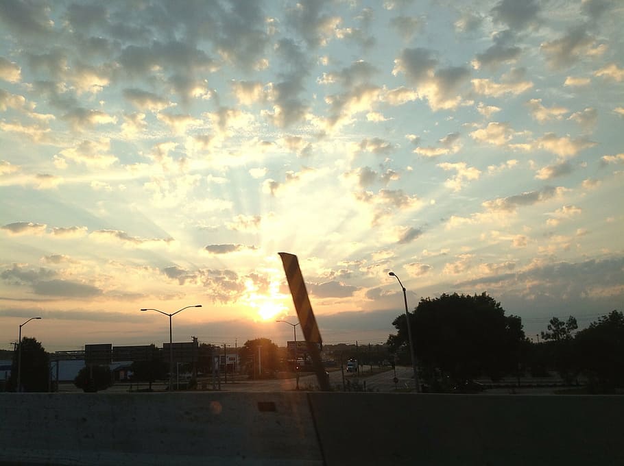 sunset, clouds, rays, sky, cloud - sky, architecture, building exterior HD wallpaper