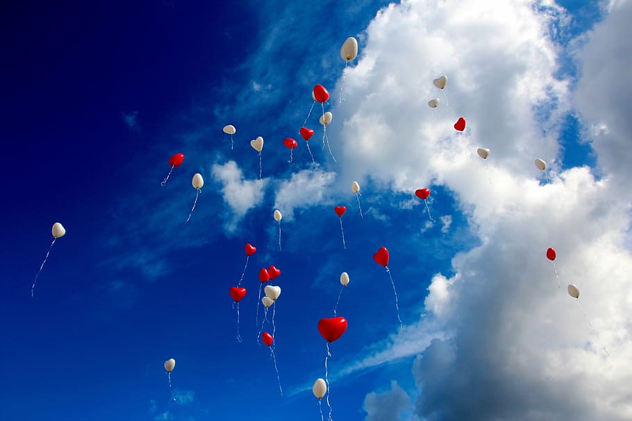 white and red heart balloons floating on sky, love, romance, heart shaped