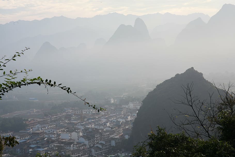 street, xingping, the ancient town, views, city, mountain, fog