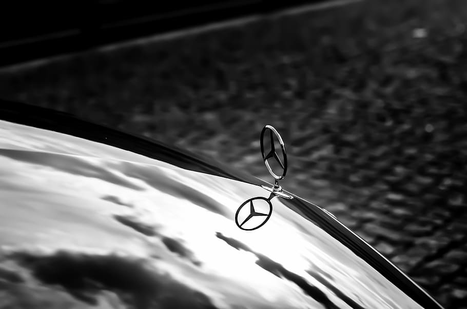 Mercedes-Benz emblem, luxury, black, rain, water, black and white