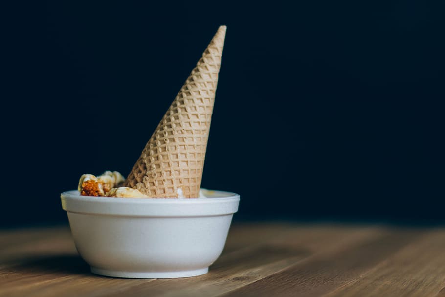 sugar cone on white bowl, ice, cream, turned, upside, inside, HD wallpaper