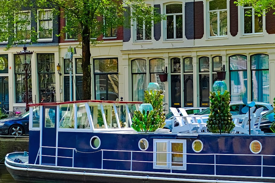 barge, houseboat, ship, canal, amsterdam, netherlands, holland, HD wallpaper