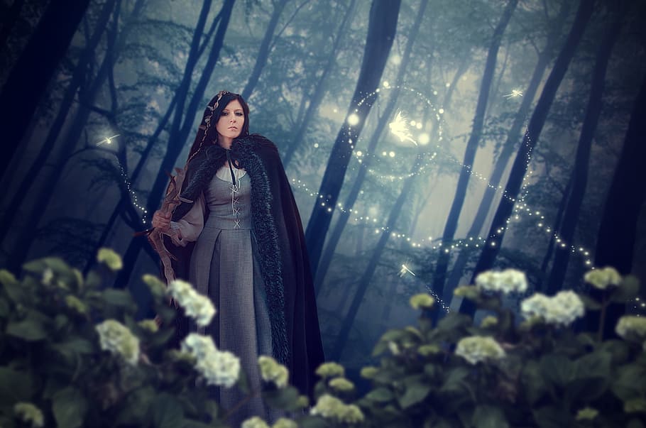 woman wearing black robe on forest, fantasy, magic, fantastic HD wallpaper
