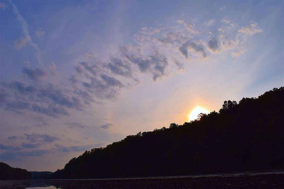 sunset, mountain, sky, clouds, landscape, nature, blue, reflection HD wallpaper