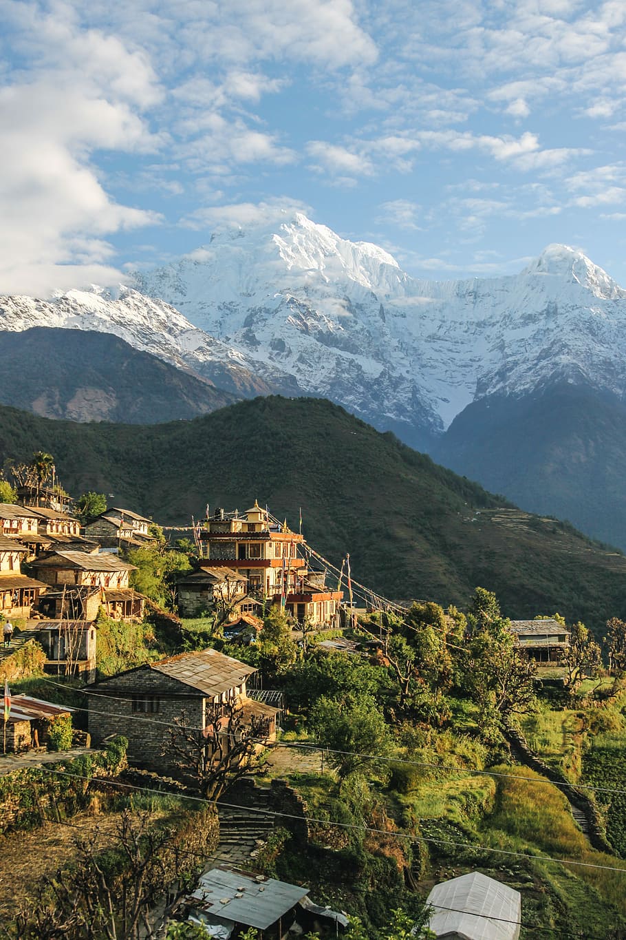 houses overlooking mountain range, bird's eye view photo of village on mountain HD wallpaper