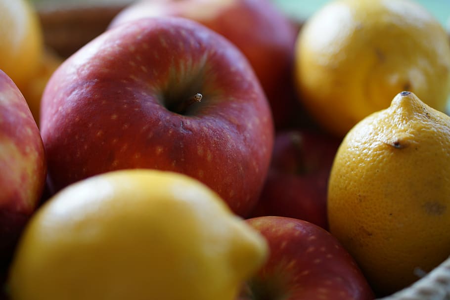 apple, lemon, basket, fruit, fruits, vitamins, healthy, citrus fruits HD wallpaper